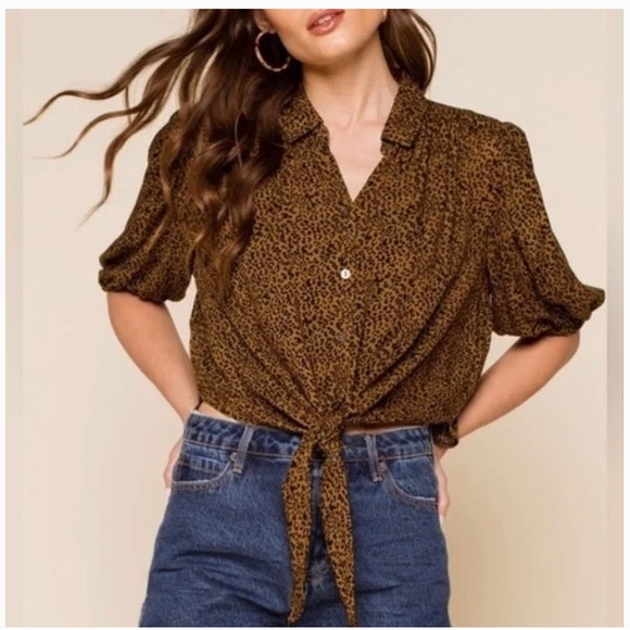 Free People Tops - Free People Celia Leopard Print Tie-Front Top S